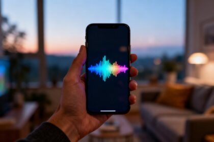 Un smartphone tenu en main affiche l'interface lumineuse d'un assistant vocal.