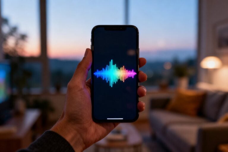Un smartphone tenu en main affiche l'interface lumineuse d'un assistant vocal.
