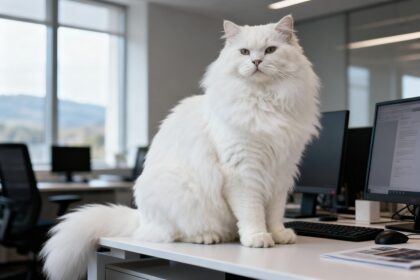 Gros chat blanc duveteux assis sur un bureau dans un bureau tech moderne, lumière douce de fenêtre.