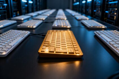 Rangées de claviers identiques illuminés dans une salle sombre, un clavier mis en lumière au premier plan.