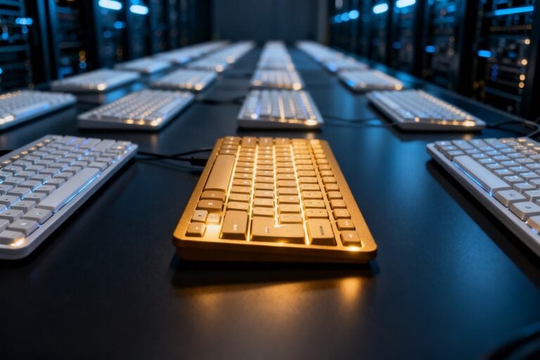 Rangées de claviers identiques illuminés dans une salle sombre, un clavier mis en lumière au premier plan.