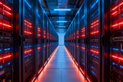 Allée d'un centre de données moderne bordée de racks de serveurs illuminés, perspective vers le fond de la salle