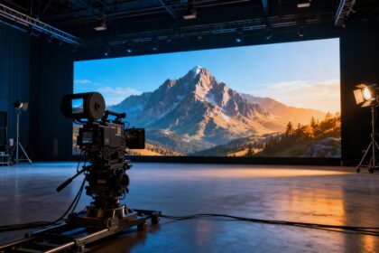 Studio de tournage vide, grand mur LED affichant un paysage de montagne 3D, caméras de cinéma au premier plan.
