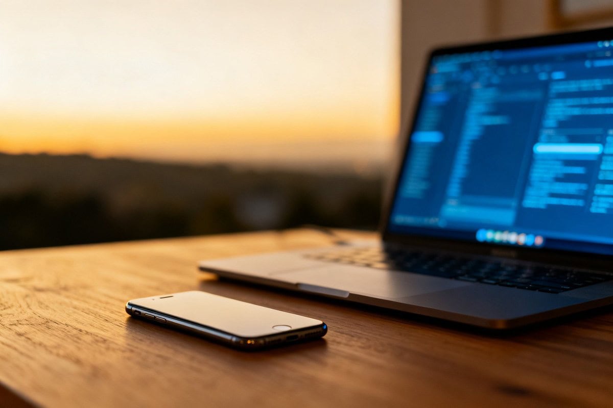 Un smartphone et un ordinateur portable posés sur un bureau, écrans allumés dans une ambiance feutrée