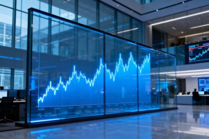 Salle de marche moderne avec ecrans en verre affichant des courbes financieres ascendantes en bleu