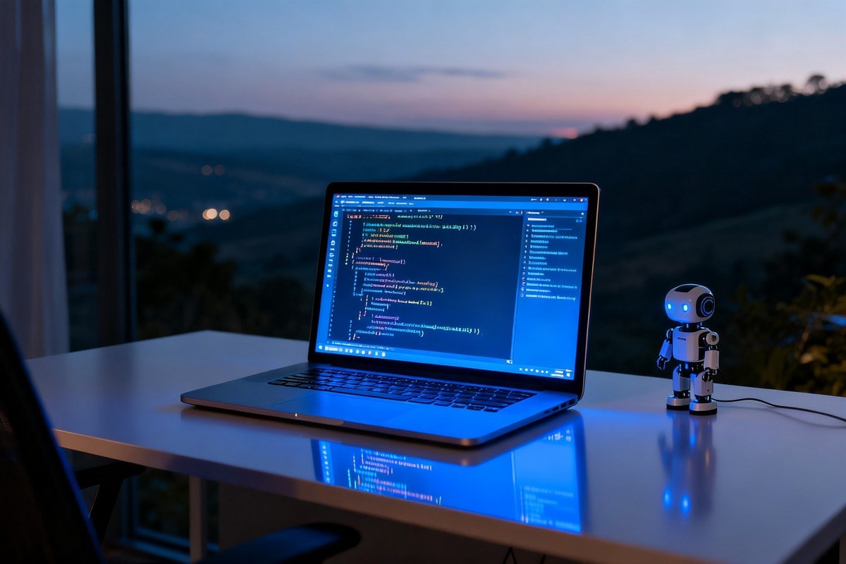Bureau de développeur la nuit, ordinateur portable affichant des lignes de code dans un terminal