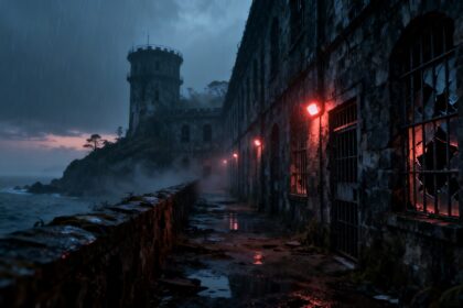 Couloir d'une prison abandonnee dans la brume, lumieres d'urgence vacillantes, ambiance horrifique