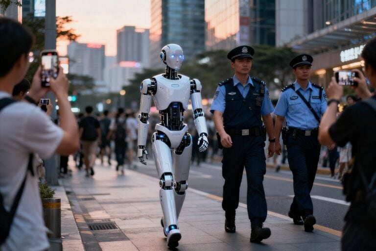 Robot humanoïde marchant dans une rue animée d'une métropole chinoise aux côtés de policiers en uniforme