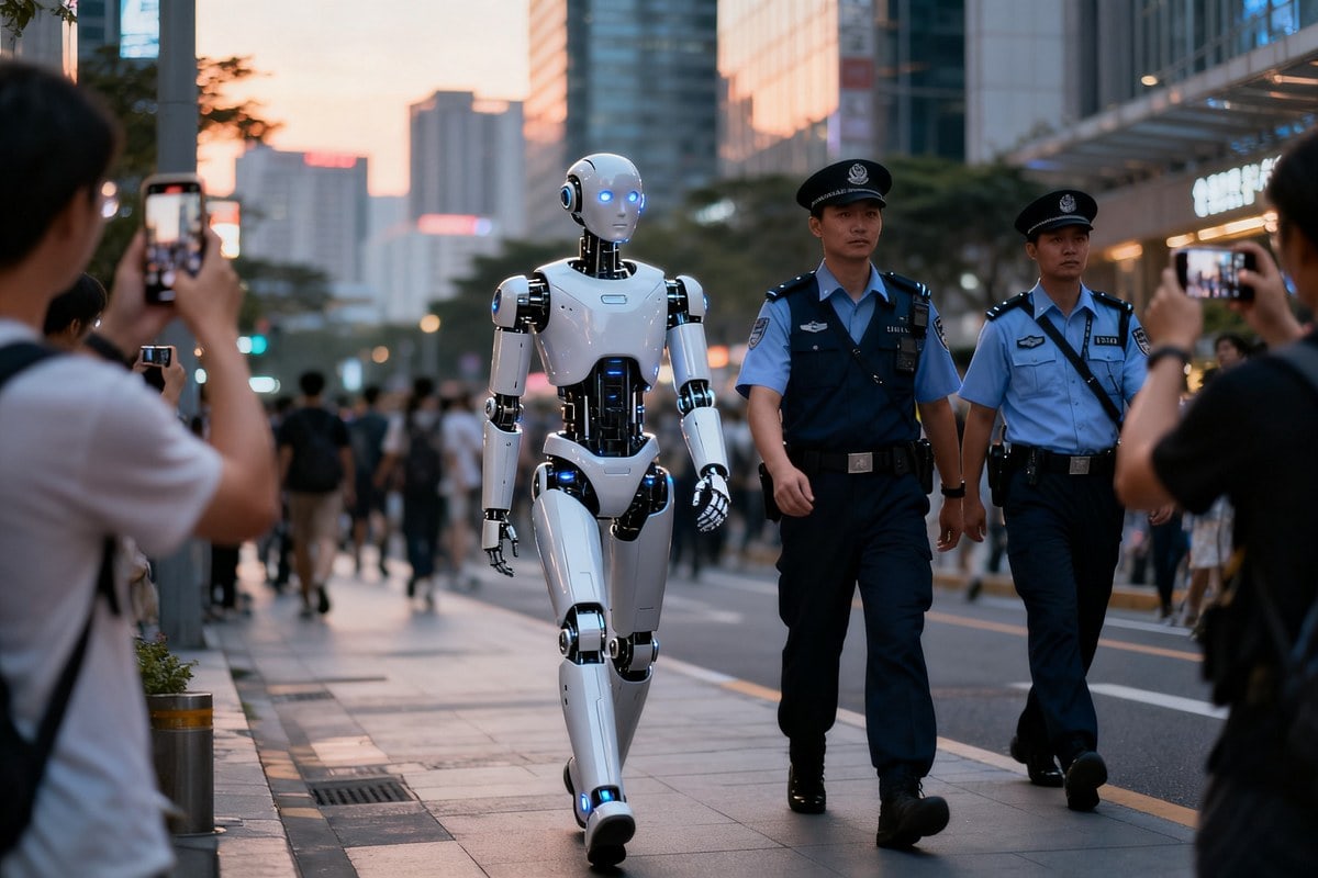 Robot humanoïde marchant dans une rue animée d'une métropole chinoise aux côtés de policiers en uniforme