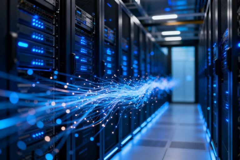 Salle de serveurs éclairée de bleu, traversée de filaments lumineux figurant le trafic automatisé.