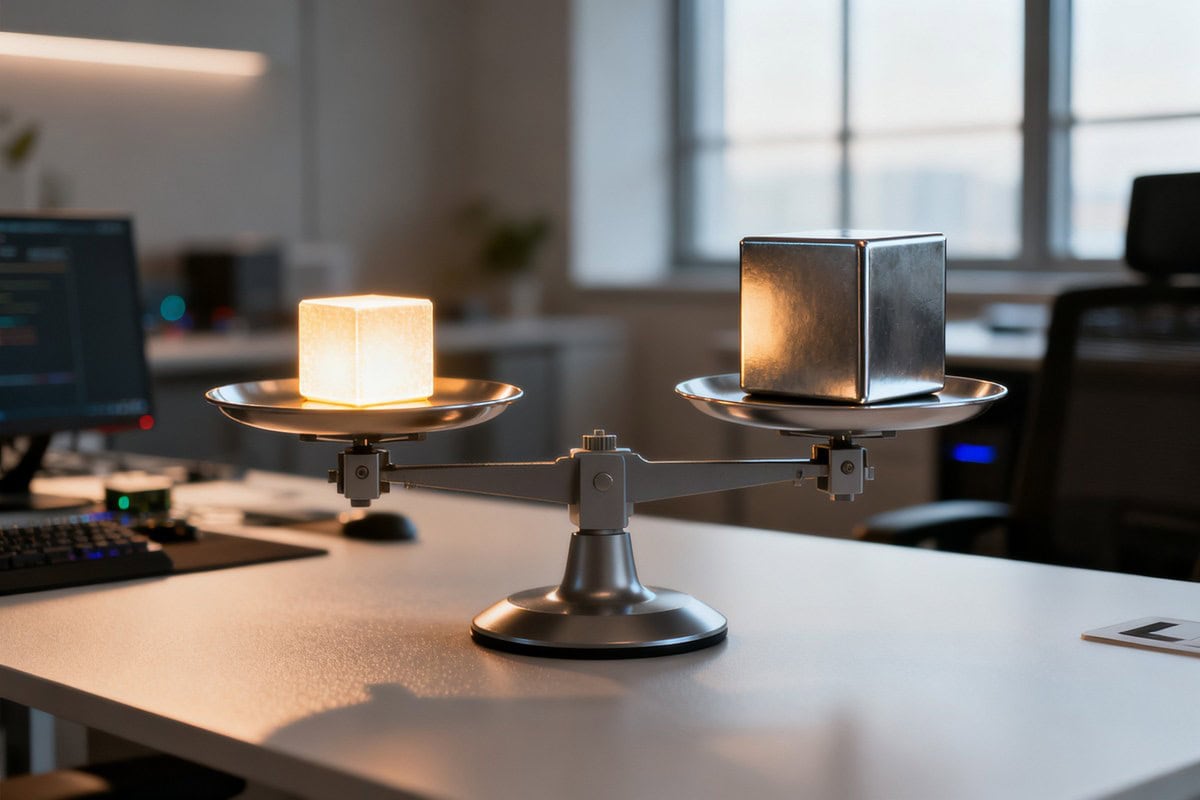 Balance sur un bureau, un petit cube lumineux face à un gros cube métallique