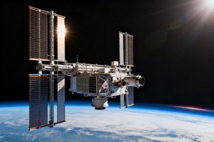 Satellite à grands panneaux solaires et radiateurs en orbite basse au-dessus de la Terre.