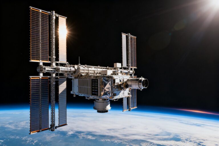 Satellite à grands panneaux solaires et radiateurs en orbite basse au-dessus de la Terre.