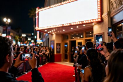 Foule devant un cinéma illuminé la nuit, filmant une avant-première avec leurs smartphones