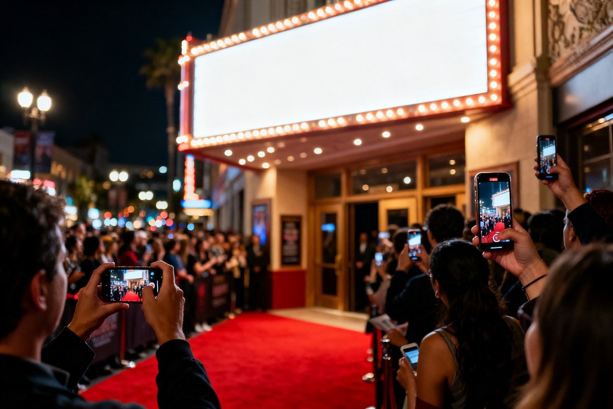 Foule devant un cinéma illuminé la nuit, filmant une avant-première avec leurs smartphones