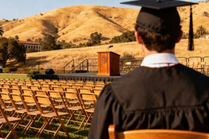 Rangées de chaises vides face à une estrade lors d'une remise de diplômes sur un campus californien ensoleillé