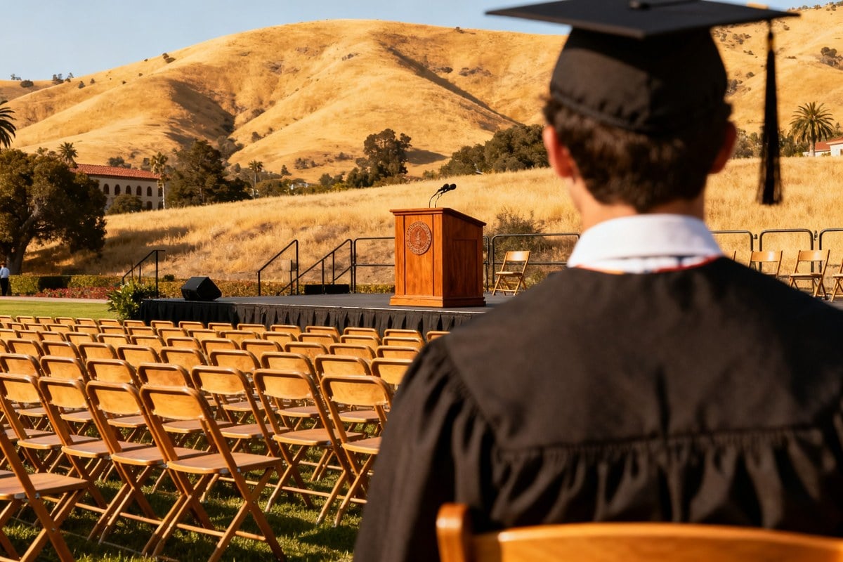 Rangées de chaises vides face à une estrade lors d'une remise de diplômes sur un campus californien ensoleillé