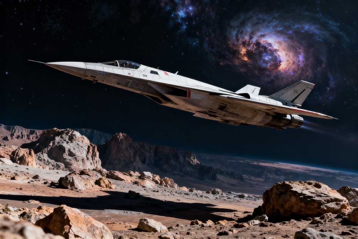 Vaisseau de chasse stylisé survolant la surface rocheuse d'une planète extraterrestre sous un ciel cosmique