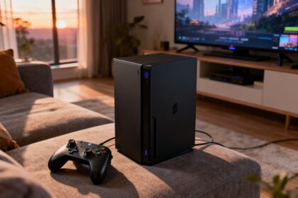 Boîtier compact d'un PC de jeu relié à un téléviseur dans un salon, manette posée sur le canapé.