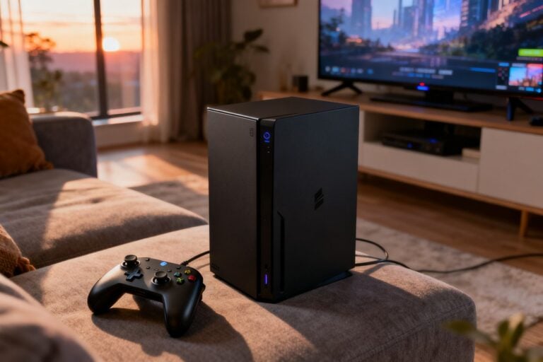 Boîtier compact d'un PC de jeu relié à un téléviseur dans un salon, manette posée sur le canapé.
