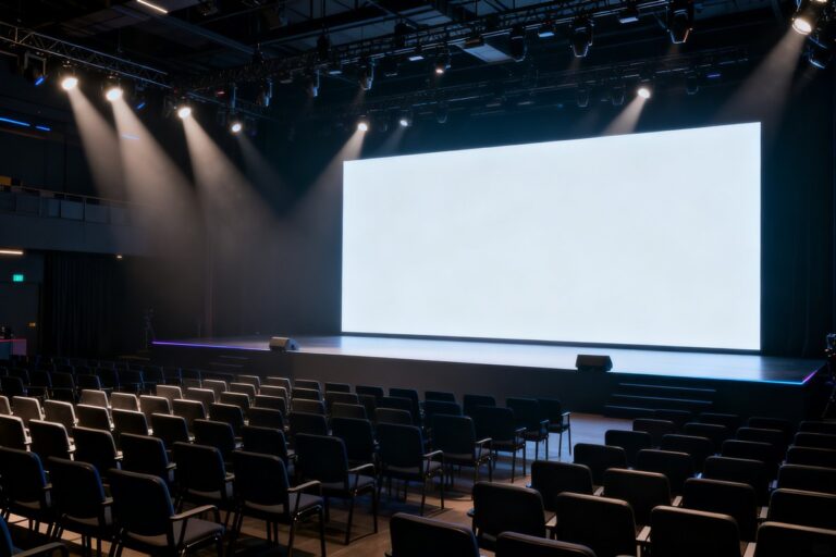 Scène de présentation de jeux vidéo avec un grand écran lumineux et des sièges de presse vides.