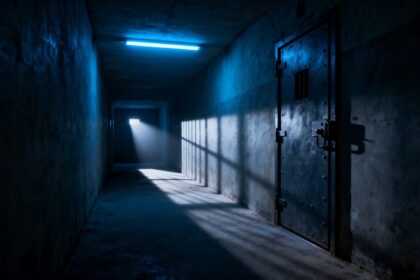 Couloir de prison sombre et désert, éclairage bleuté froid et longues ombres sur des murs de béton.