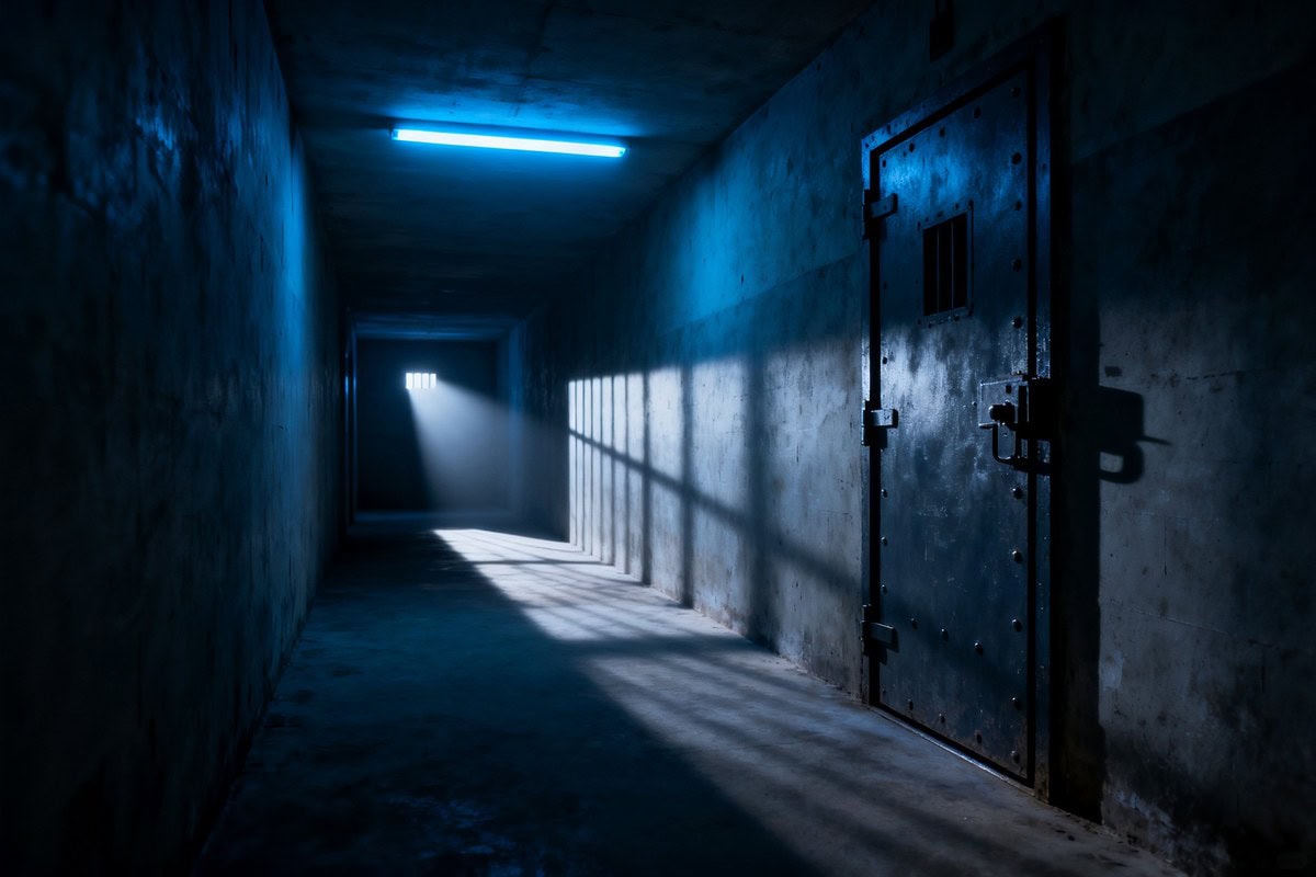 Couloir de prison sombre et désert, éclairage bleuté froid et longues ombres sur des murs de béton.