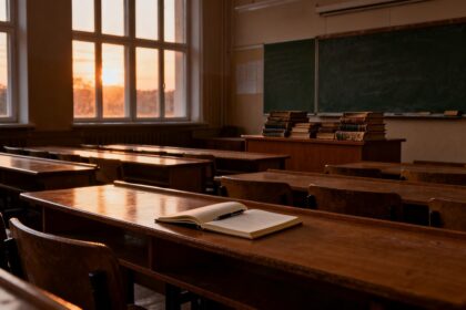 Salle de cours de littérature déserte au crépuscule, un cahier ouvert posé sur un pupitre du dernier rang