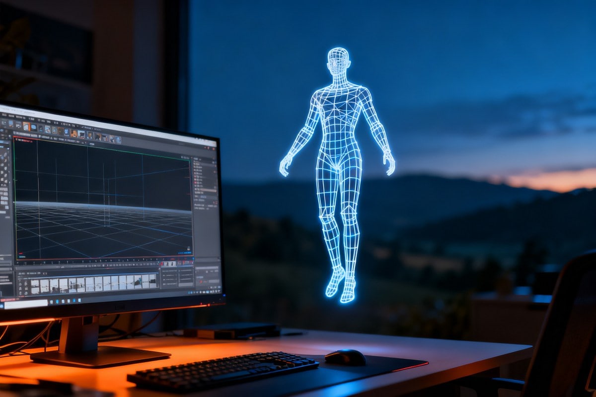 Modèle 3D filaire d'un personnage lumineux flottant au-dessus d'un bureau de créateur face à un écran