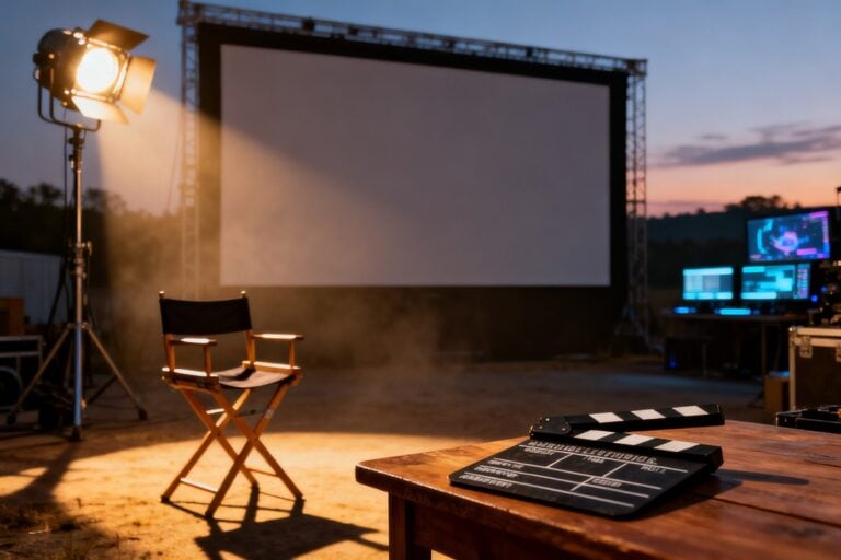 Plateau de tournage au crepuscule, ecran de cinema vierge, projecteur, fauteuil de realisateur et clap sur une table.
