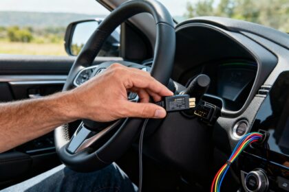 Main branchant un boîtier de diagnostic électronique sur le port d'une voiture, sous le volant