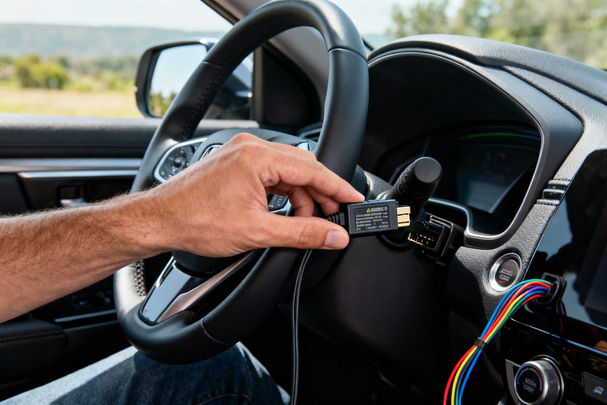 Main branchant un boîtier de diagnostic électronique sur le port d'une voiture, sous le volant