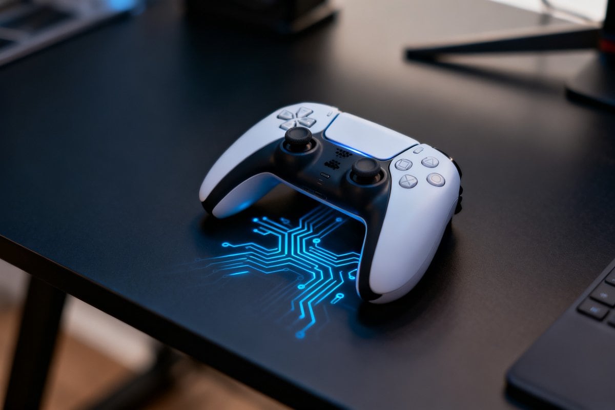 Manette de jeu moderne sur un bureau sombre, reflets lumineux bleutes evoquant l'intelligence artificielle.
