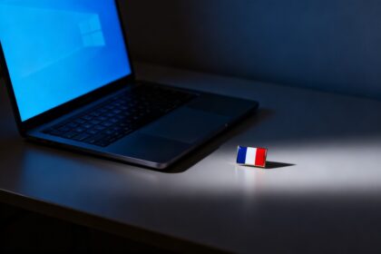 Ordinateur portable à l'écran bleuté dans une pièce sombre, près d'un petit drapeau français