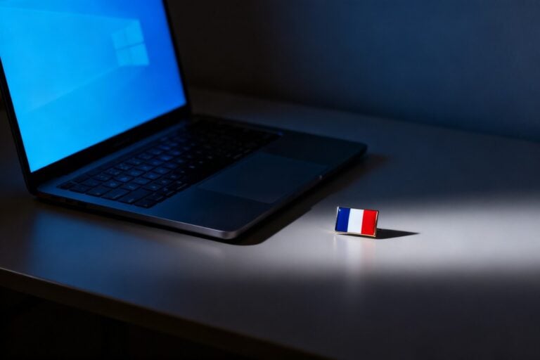 Ordinateur portable à l'écran bleuté dans une pièce sombre, près d'un petit drapeau français