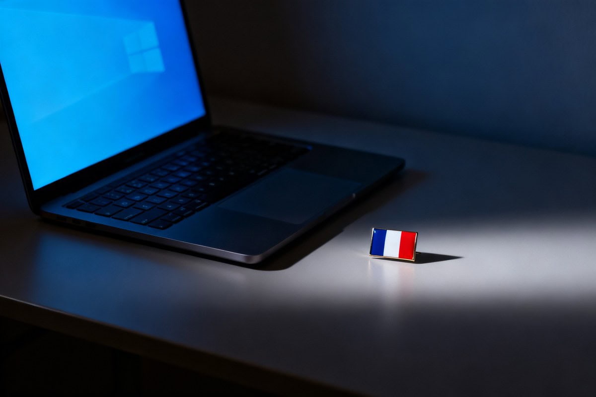 Ordinateur portable à l'écran bleuté dans une pièce sombre, près d'un petit drapeau français