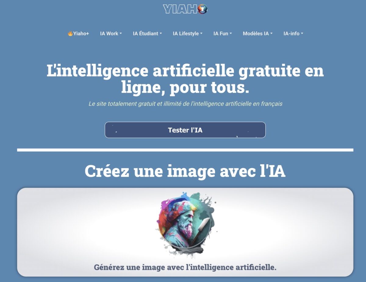 Capture de la page d'accueil du site Yiaho affichant sa promesse d'IA gratuite et illimitée