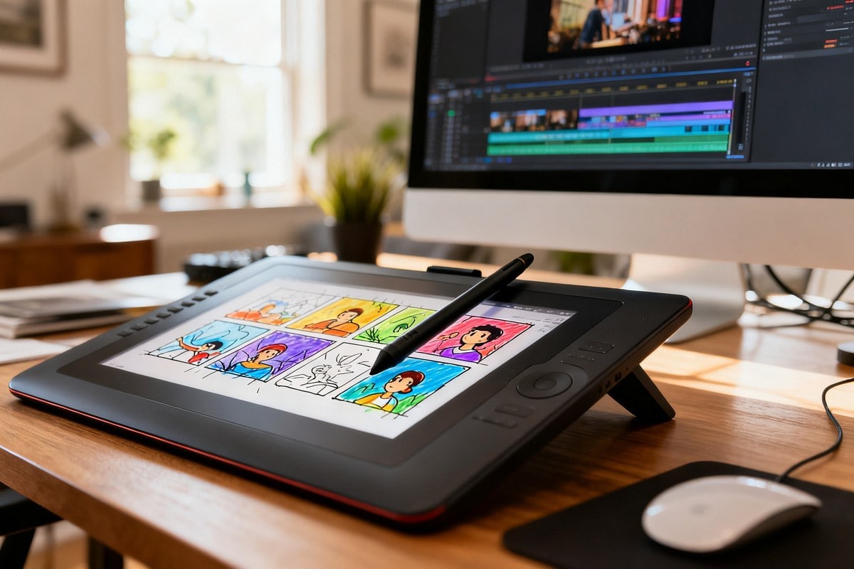 Tablette graphique sur un bureau affichant des planches d'animation colorees, a cote d'un ecran de montage video.