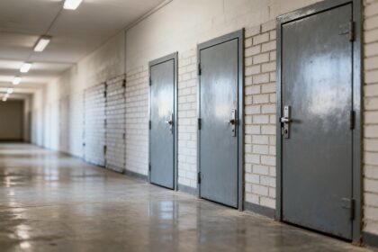 Trois portes métalliques grises identiques et fermées, alignées dans un long couloir institutionnel au sol poli