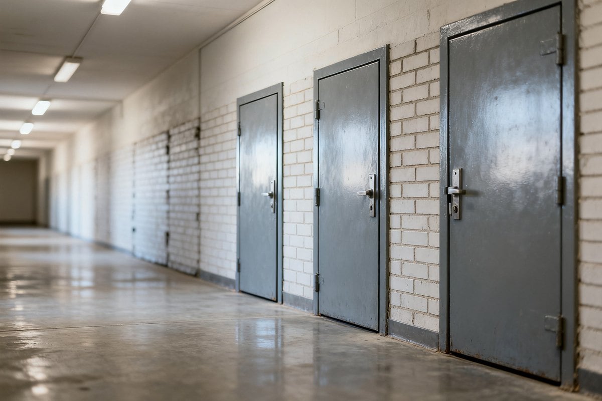 Trois portes métalliques grises identiques et fermées, alignées dans un long couloir institutionnel au sol poli