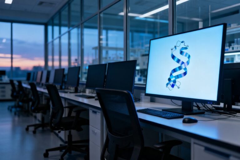 Laboratoire vide au crépuscule, écrans éteints alignés et un moniteur affichant une structure de protéine en rubans