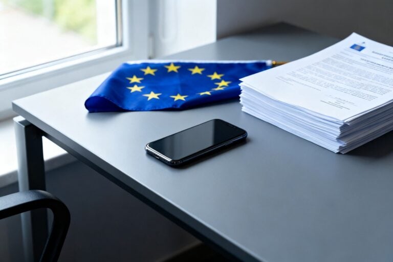 Smartphone posé sur un bureau gris, à côté d'un drapeau européen plié et d'une pile de documents