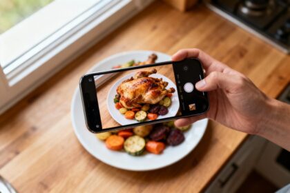 Main tenant un smartphone au-dessus d'une assiette de poulet rôti et de légumes, écran en mode photo