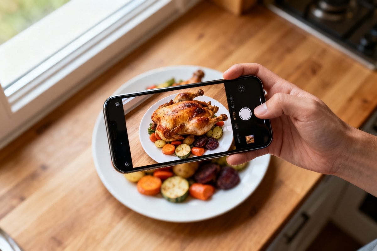 Main tenant un smartphone au-dessus d'une assiette de poulet rôti et de légumes, écran en mode photo