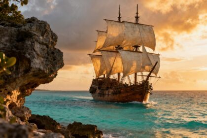 Voilier de pirates toutes voiles dehors sur une mer des Caraïbes turquoise au coucher du soleil