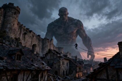 Un titan colossal domine une ville en ruine tandis qu'un soldat s'élance dans les airs