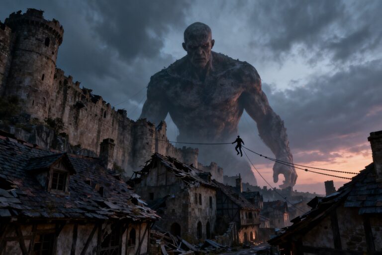 Un titan colossal domine une ville en ruine tandis qu'un soldat s'élance dans les airs