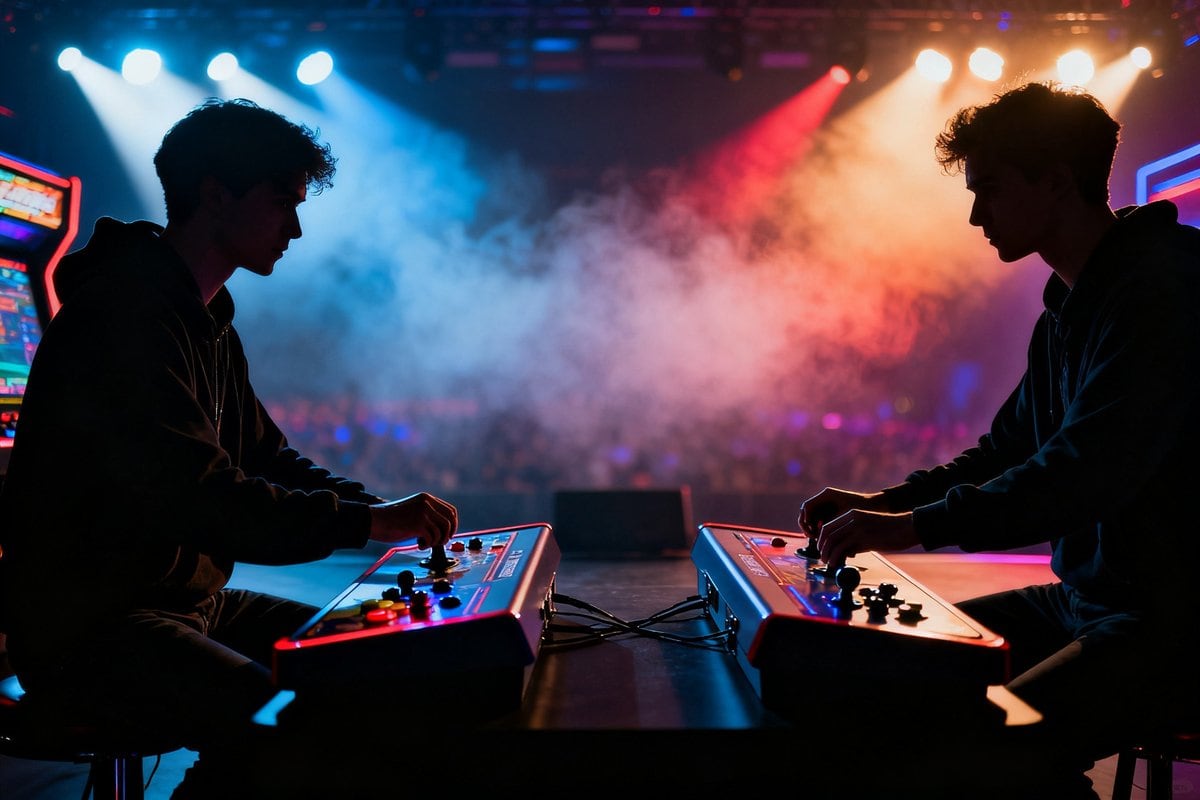 Deux joueurs en silhouette face à face sur des sticks d'arcade, sous les projecteurs bleus et rouges d'une scène esport