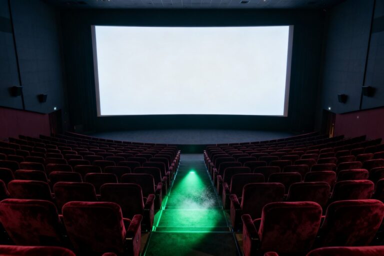 Salle de cinéma vide aux fauteuils rouges, écran blanc allumé et faisceau vert dans l'allée centrale