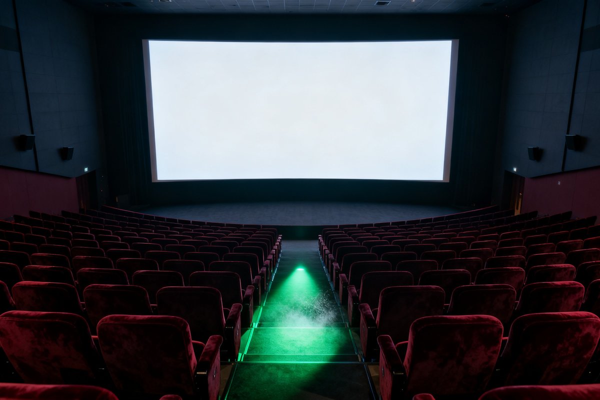 Salle de cinéma vide aux fauteuils rouges, écran blanc allumé et faisceau vert dans l'allée centrale